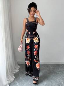Elenzga 女士度假花卉印花阔腿连体裤 - 黑色 - 查看 7