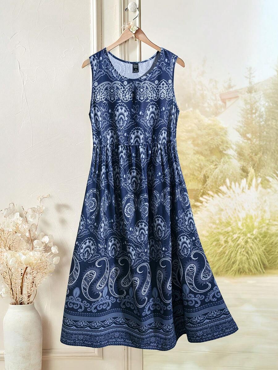 EMERY ROSE 女士度假植物印花无袖连衣裙 - 藏蓝色 - 查看 1