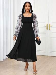 SHEIN Lady Abito lungo floreale elegante da donna in stile resort, in chiffon stampato, completo estivo per donna, abito da donna elegante per Pasqua, stile boho europeo, elegante abito casual da donna per vacanze estive, abito da donna casual per Pasqua, abaya donna per vacanze - nero - Visualizzare 6