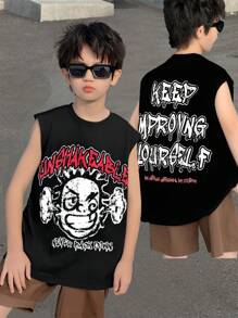 SHEIN Tween Boys Casual Versatile Comfortable Street Graffiti Printed Loose Fit Crew Neck Sleeveless Knit Tank Top, Suitable For School, Garden, Beach, Birthday, Spring/Summer - Black - View 1