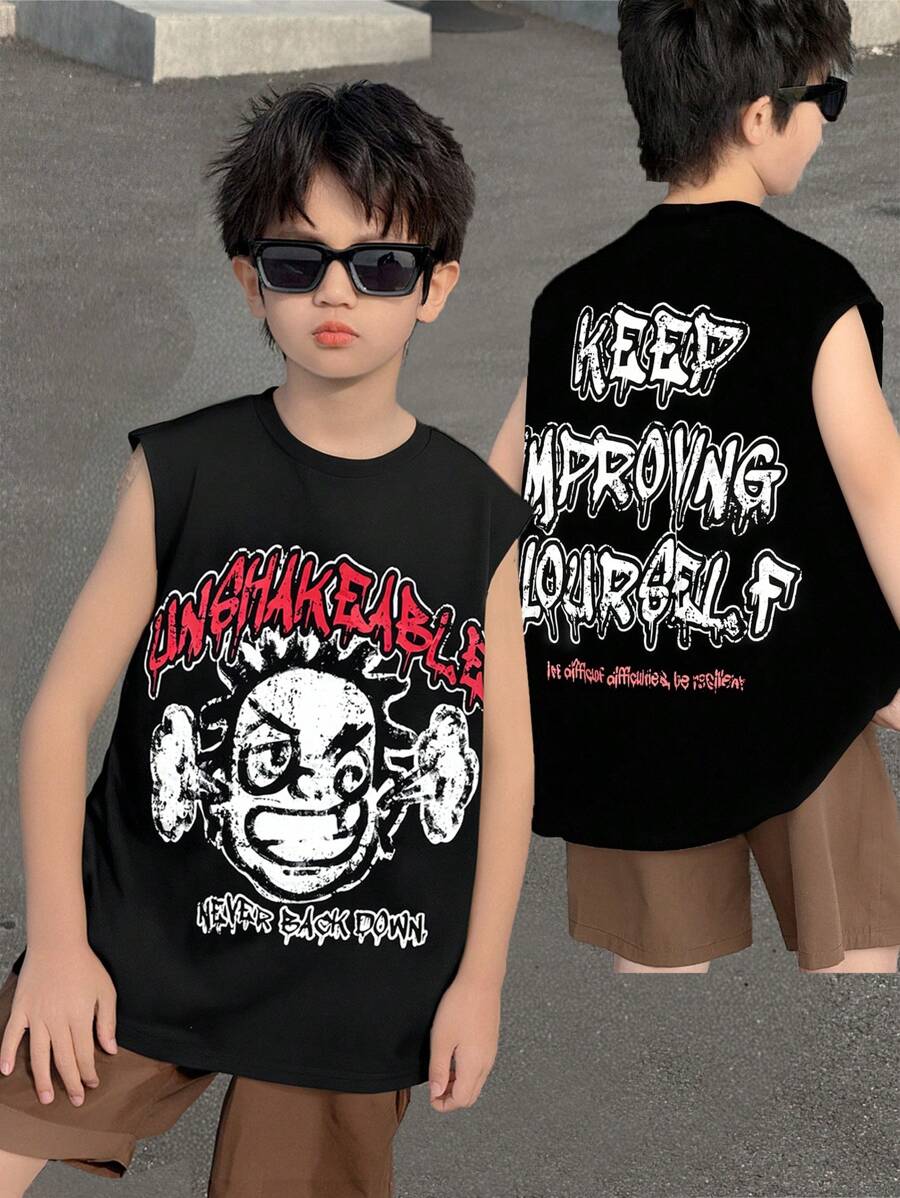 SHEIN Tween Boys Casual Versatile Comfortable Street Graffiti Printed Loose Fit Crew Neck Sleeveless Knit Tank Top, Suitable For School, Garden, Beach, Birthday, Spring/Summer - Black - View 1
