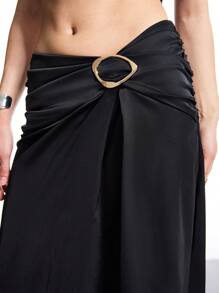 LYSMO 2025 New Arrival Summer Women's Matte Satin Asymmetrical One-Shoulder Knot Top And Knot Detail Skirt Set,Party Cloth - Black - View 9