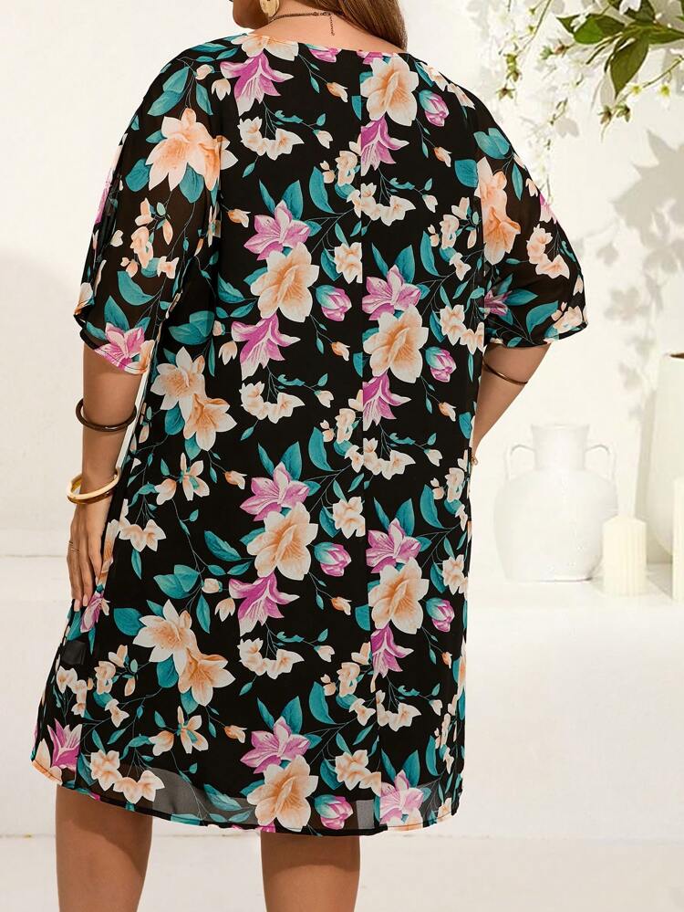 Plus Size Round Neck Short Sleeve Women Floral Print Casual Dress, Suitable For Holiday,Summer Clothes,Vacation Outfits Woman / Vacation,Boho Women Clothing