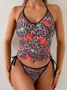 SHEIN Leopard & Cherry Print Halter Neck Women's Tankini Swimwear - Pink - View 5