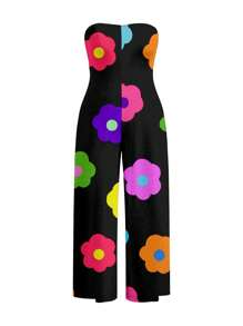 Slaydiva 休闲简约花卉印花露肩连体裤，一体式阔腿裤，加大码 - 彩色 - 查看 4