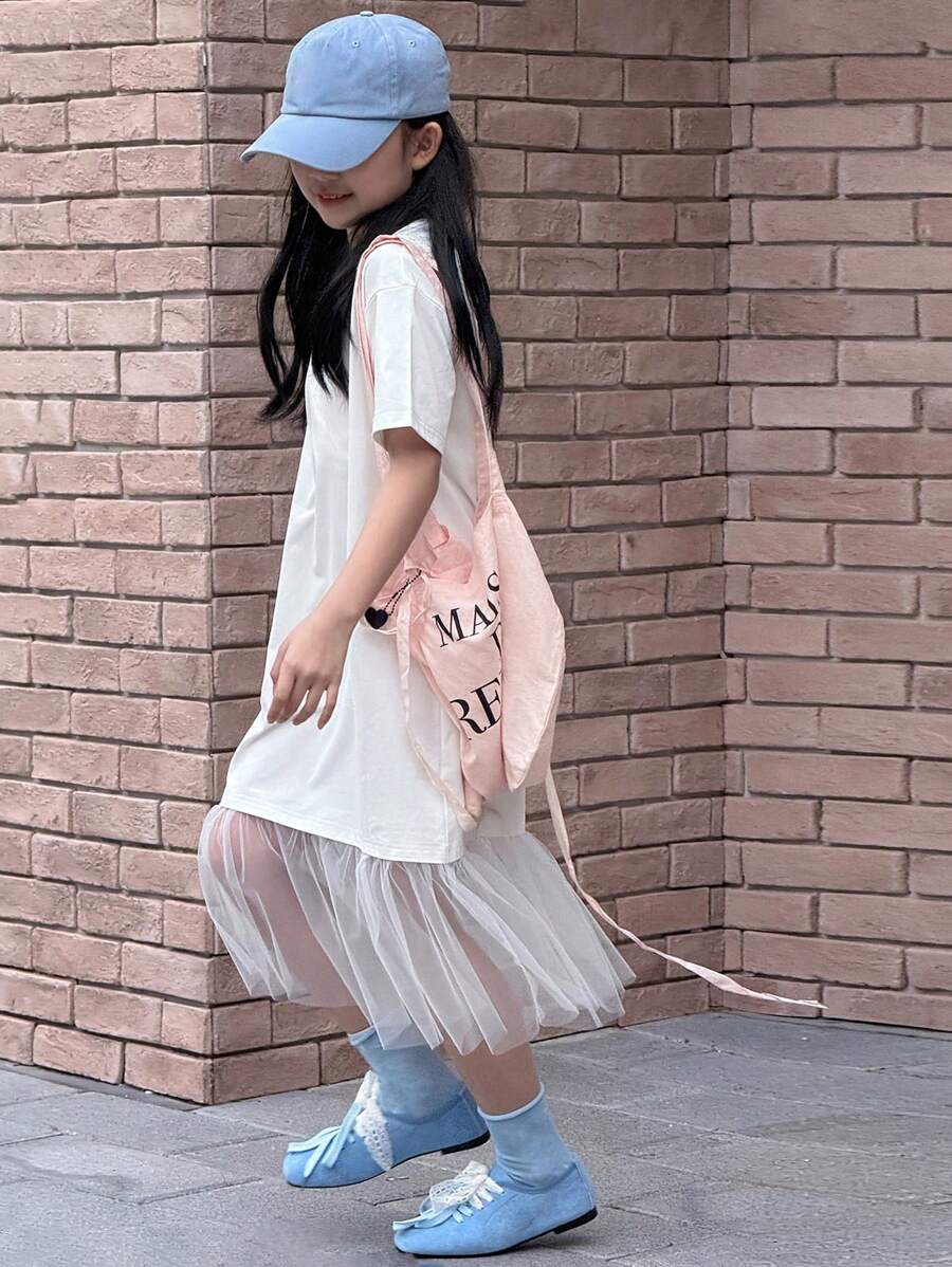 DAZY Váy lưới đan cổ tròn tương phản cho bé gái tuổi mới lớn, mùa hè, quần áo trở lại trường - trắng - Xem 1