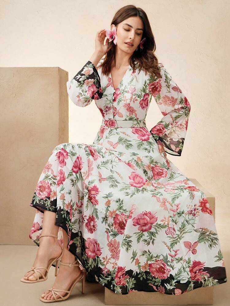 Spring, Elegant, Vacation, Beach, Casual, Floral Women Long Chiffon Printed Dress