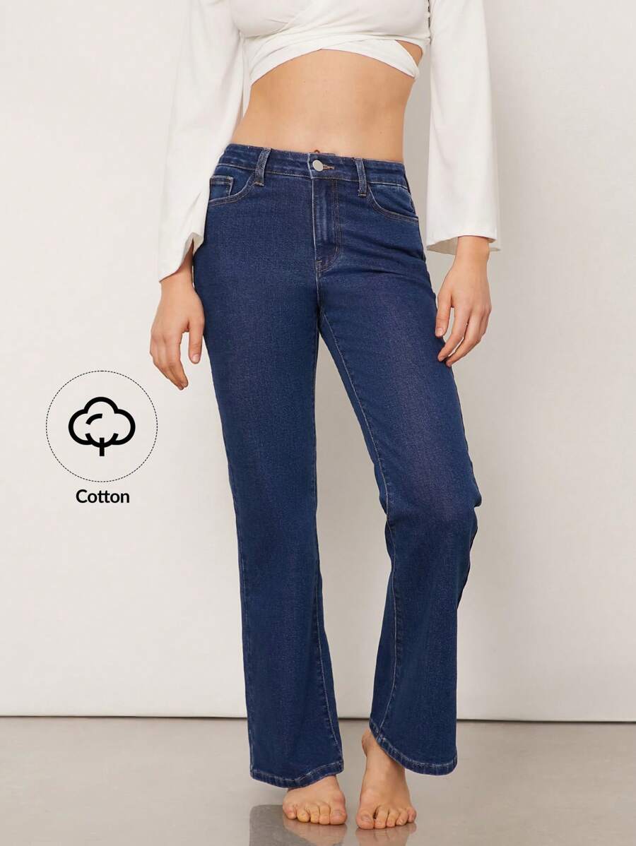 SHEIN Unity 高腰喇叭牛仔裤夏季修身裤 90 年代弹力牛仔裤舒适塑身西部音乐会音乐节优雅度假春假早午餐休闲音乐节服装女士 - 深色水洗藍 - 查看 1