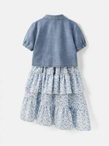 SHEIN 2pcs Tween Girl Denim Jacket And Asymmetrical Hem Ditsy Floral Dress Set, Casual, Elegant, Suitable For Holiday & Outings, Spring/Summer - Multicolor - View 9