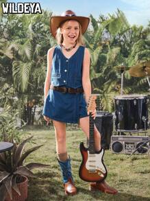 SHEIN Y2K 风格少女合身牛仔短款上衣和裙子套装，百搭休闲设计适合日常穿着 - 中等水洗藍 - 查看 1