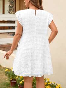 SHEIN LUNE SHEINLUNE 大码女式白色格子褶皱蝴蝶袖褶皱迷你连衣裙，适合婚礼季节，全白女装，婚礼宾客礼服女士新娘送礼会礼服白色婚礼礼服毕业礼服白色毕业礼服毕业装，女士海滩装女士海滩早午餐装女士机场装，波西米亚风女装波西米亚风时尚，女士海滩装，可爱夏季连衣裙卡哇伊