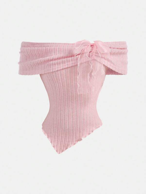 Girlism Teenager Mädchen Off-Shoulder-Shirt mit Schleife, Outfit für den Schulanfang, süße Oberteile für die Schule, rosa Top, Preppy-Oberteile