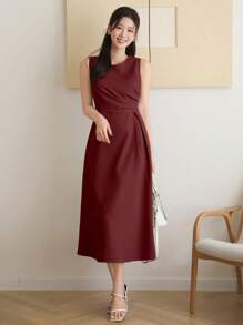 DAZY Vestido midi plisado sin mangas de color liso para mujer, vestido de verano