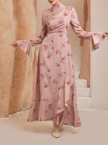 Graceveil Arab Ditsy Floral Stand Collar Ruffle Hem Fitted Dress For Women,Modest - Pink - View 1