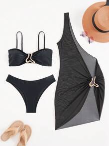 Bonvoyette 3 件套女士泳衣比基尼套装，全新黑色复古风格无袖不对称网眼泳衣，带奢华金属装饰，性感优雅的沙滩罩衫 - 黑色 - 查看 6