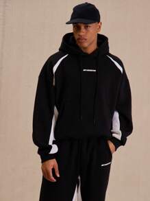 Men Contrast Panel "Musero" Slogan Graphic Print Hoodie - Black and White - View 1