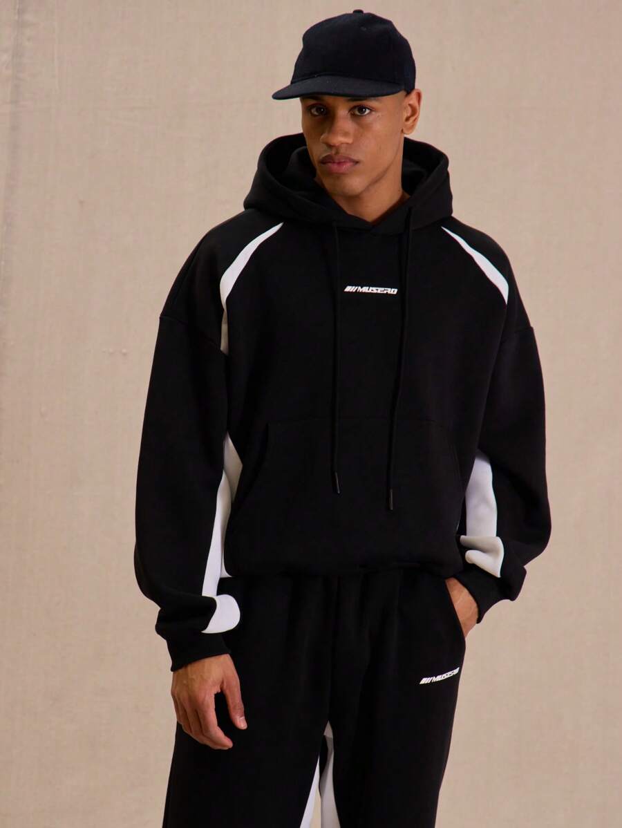 Men Contrast Panel "Musero" Slogan Graphic Print Hoodie - Black and White - View 1