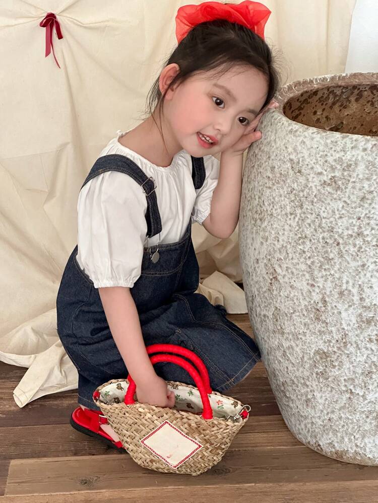 2pcs/Set Young Girls Round Neck Woven Shirt + Denim Bib Skirt Dress, Summer Outfit