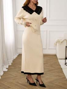 EURMUSE Women Peter Pan Collar Front Button Cardigan & Sweater Skirt Set,Petite,Winter Clothes - Beige - View 7