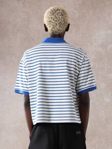 SUMWON 休闲夏季 Polo 衫条纹图案洛杉矶 La 标志运动 Polo 短袖常规版型翻领透气衬衫周末度假日常穿着 - 藍白色 - 查看 5