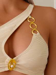 SHEIN Swim Women Beach Summer Outfits New Arrival Textured Material Metal Ring Decor Asymmetric Neck Design Bikini Set - Beige - View 5
