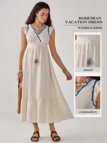 SHEIN Unity Damen Frühling Sommer Boho Urlaubskleid ärmellos A-Linie Maxi Leinenkleid - Aprikosenfarben - Übersicht 1