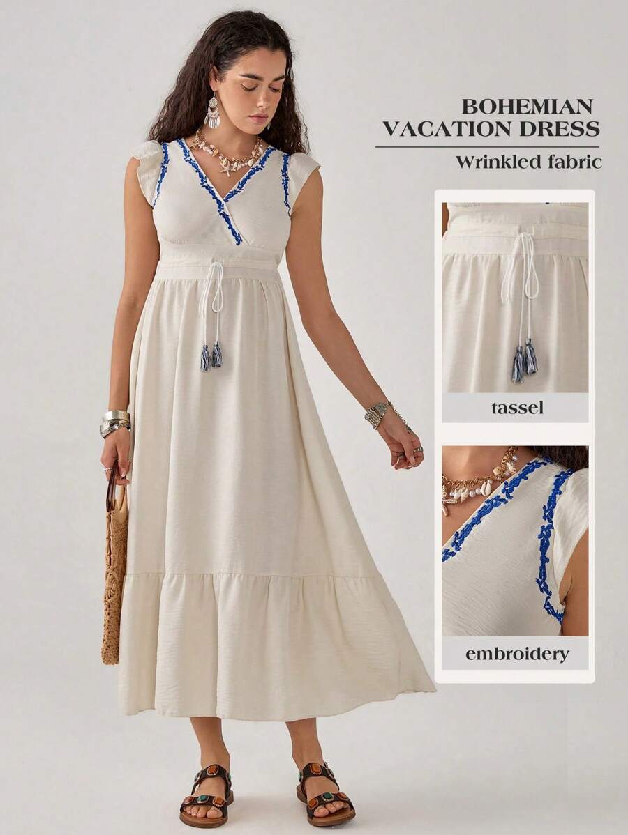 SHEIN Unity Damen Frühling Sommer Boho Urlaubskleid ärmellos A-Linie Maxi Leinenkleid - Aprikosenfarben - Übersicht 1
