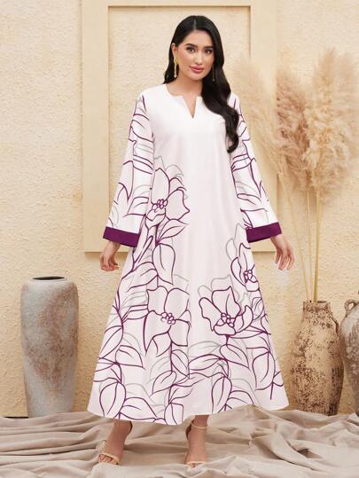 Al Najma 女士休闲 V 领长袖阿拉伯风格连衣裙，简约时尚，端庄大方