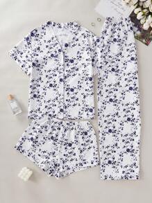 SHEIN 3pcs/Set Floral Print Ruffled Top & Shorts & Pants Home Pajamas Set Holiday Season - Blue - View 1