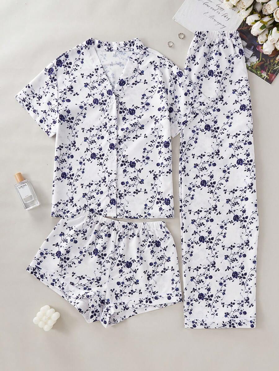 SHEIN 3pcs/Set Floral Print Ruffled Top & Shorts & Pants Home Pajamas Set Holiday Season - Blue - View 1