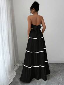 Rafferiza 2件套女士优雅拼接丝带抹胸上衣和裙子套装 - 黑色 - 查看 2