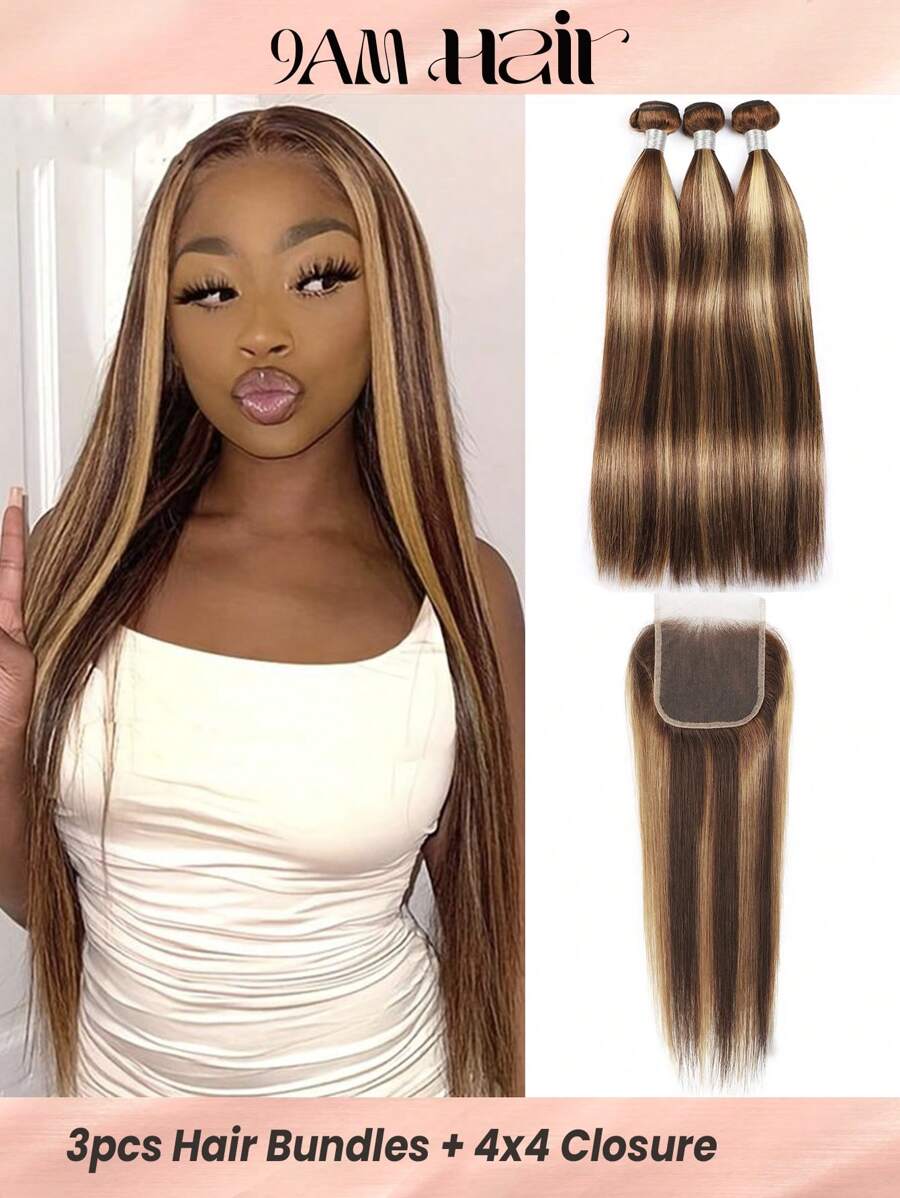 3 PCS Highlight Piano Color Silky Straight Virgin Human Hair Bundles With 4 X 4 Free Part Lace Closure In One Set P4/27# Mixed Bundle And Closure - S4/27 - View 1