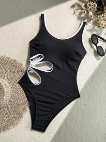 SHEIN Swim Baddräkt i ett stycke för kvinnor, svart med vit blommig design, lämplig för strandsemester - Svart - Visa 6