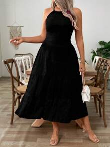 SHEIN Clasi Plus Size Women Solid Color Criss-Cross Back Casual Cami Dress - Black - View 4