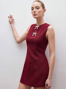 Aveloria Rosie 安格拉红色纯色优雅别致淑女法式情人节约会百搭粗花呢面料领蝴蝶结水晶装饰无袖迷你连衣裙