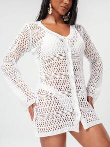 SHEIN 女士海滩夏季罩衫，白色镂空钩针编织长袖罩衫，优雅节日波西米亚风格 - 白色 - 查看 5