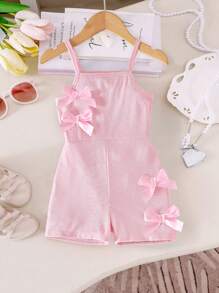 Elladie kids Mono corto de talle alto sin mangas con diseño de lazo 3D, fashionable y lindo, para uso casual diario en casa de niñas - Rosa - Ver 4