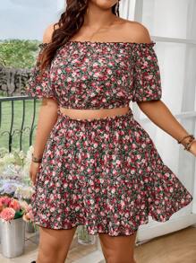 SHEIN VCAY 满身花卉印花露肩短款上衣和荷叶边下摆半身裙 - 紅色 - 查看 4