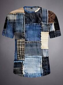 Manfinity Homme Camiseta con estampado de patchwork para hombres, de estilo minimalista, adecuada para el verano