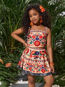 SHEIN SLAYR KIDS Tween Girl Fashion Holiday Floral Print Tank Top & Placement Flower Print Skirt 2pcs Set Mommy And Me Matching Outfits (2 Sets Sold Separately) - White - View 4