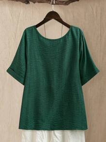 EMERY ROSE 大码女士休闲/日常/外出圆领舒适简约套头衫，春/夏，深绿色 - 墨綠色 - 查看 2