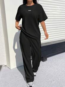 Muchica 女士棉质休闲宽松 T 恤和阔腿裤 2 件套 - 黑色 - 查看 5