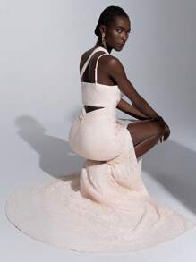 Elitara Vestido de cena formal, vestido de fiesta, vestido de noche, para evento de boda de invitado, elegante y hermoso con escote asimétrico de encaje con lentejuelas rosado, plisado, con abertura lateral alta y cola de pez - Rosa Pálido - Ver 5