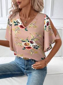SHEIN Clasi Women's V-Neck Floral Print Ruffle Sleeve Split Blouse - Pink - View 6