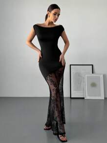Firerie 女士优雅浪漫时尚办公室女士性感优雅风格连衣裙，适合派对、度假、浪漫约会和婚礼生日场合情人节。黑色蕾丝拼接长裙 - 黑色 - 查看 3