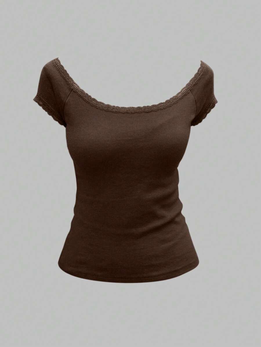 INAWLY 女士纯色棕色撞色蕾丝短袖休闲 T 恤上衣 - 咖啡棕 - 查看 1