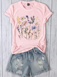 INAWLY 女士甜美花卉圆领短袖T恤，休闲宽松夏季上衣