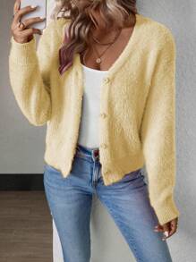 Calvaya Women's Solid Color Long Sleeve Single-Breasted Mink Hair Cropped Cardigan Fall Winter Cloth For Women - Yellow - View 7