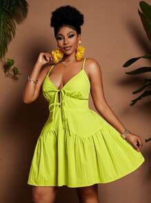 Maweii Plus Size Women Elegant Vacation Style Solid Color V-Neck Tie Waist Asymmetrical Ruched A-Line Mini Dress, Spring/Summer - Yellow - View 5