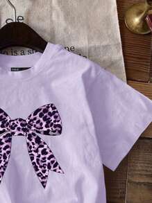 SHEIN Leap Crew Tween Girl Casual Minimalist Short Sleeve Round Neck T-Shirt, Suitable For Spring/Summer - Purple - View 3